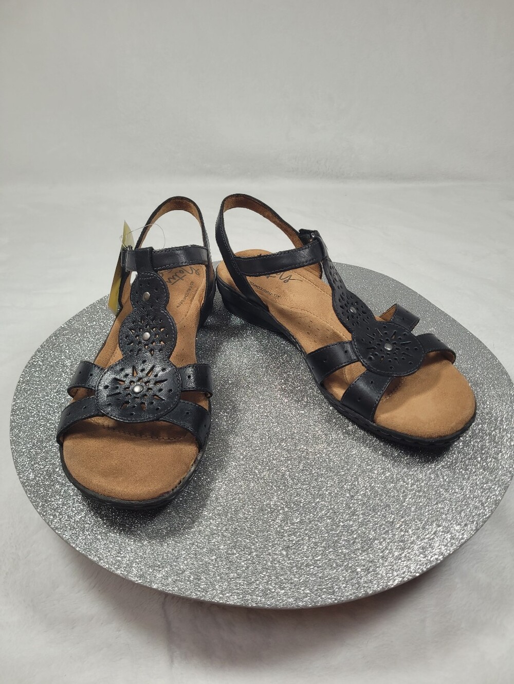 Natural Soul Barton Black Leather Slingback Sandals Laser Cut 9M New